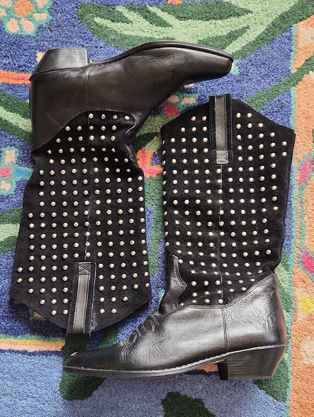 Black Studded Mid-Calf Western Boots - 8